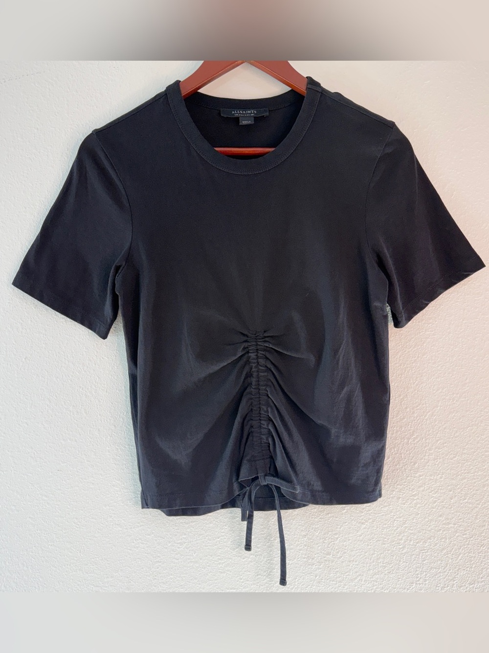 AllSaints Gia Black Ruched Cropped T-Shirt Top 100% Organic Cotton Grunge US 4